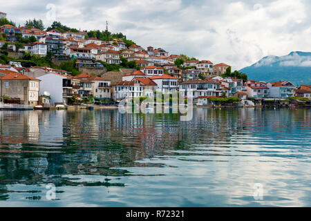 Ohrid old city reflecting in Lake Ohrid, Macedonia Stock Photo