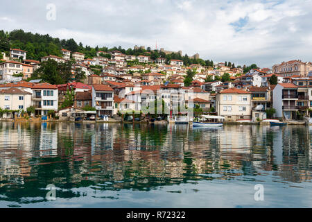 Ohrid old city reflecting in Lake Ohrid, Macedonia Stock Photo