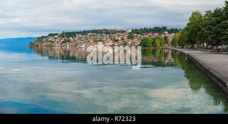 Ohrid old city reflecting in Lake Ohrid, Macedonia Stock Photo