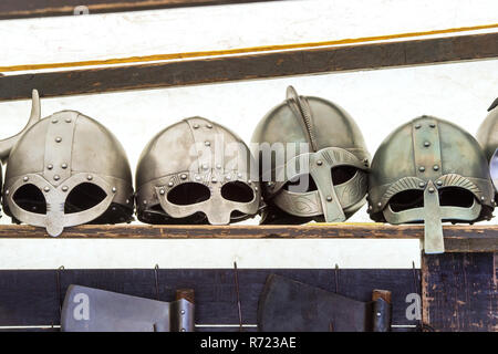 Medieval knights helmets in a tent at Tewkesbury medieval festival 2016, England Stock Photo