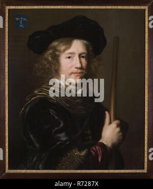 Portrait of Adriaen Vroesen (circa 016111615-1669), portrait painting visual material wood oil panel, Standing rectangular portrait of man representing Adriaen Vroesen (circa 016111615-1669) merchant and among others lieutenant of the civic guard in Rotterdam Half-way facing dressed to the right in fantasy costume with beret and stick Top-left later inscribed inscription and family coat of arms consisting of three axes between which the swan's head on the neck Front: Rotterdam City Center Stadsdriehoek Hoogstraat Heiligegeesthuis Old man's house Old men's house Heilige Geesthuis heraldic Stock Photo