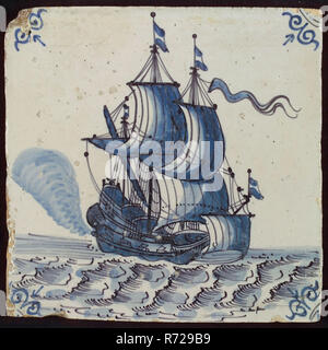 Scene tile, three-master at sea, Dutch flag in top, corner motif of ox-head, wall tile tile sculpture ceramic earthenware glaze, baked 2x glazed painted Yellow shard square two nail holes. Purple pull blue on white fond. Stock Photo