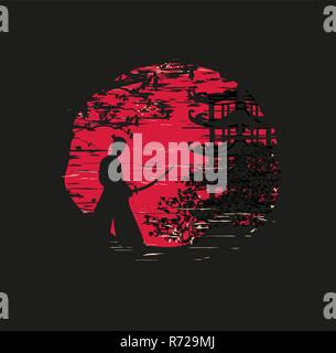 Japanese Samurai fighter silhouette Stock Vector