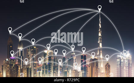 Illuminated Dubai Skyline With Abstract Polygonal Lines At Night Stock Photo