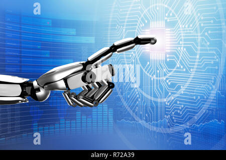 Close-up Of A Robotic Hand Touching Digital Circuit Board Stock Photo