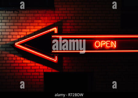 "Open" neon sign in the East Village, Manhattan, New York City Stock Photo