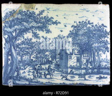 DC, Rectangular plaque, rural decor of figures, plaque tile footage ceramic pottery glaze, baked 2x painted glazed Plaque blue on white fond under window large house ANO 71 behind on small extension monogram DC Stock Photo