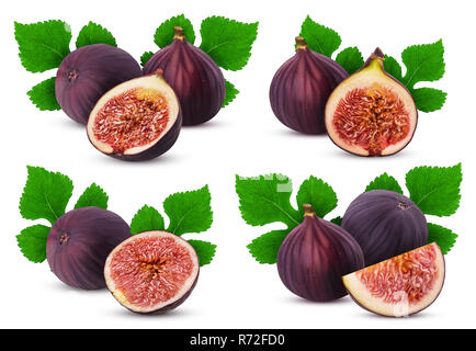 Collections fresh figs fruit, whole, slice, cut in half with leaf isolated on white background. Clipping Path. Full depth of field. Stock Photo