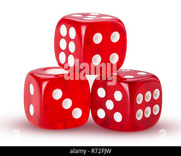 Three red dice isolated on white background. Clipping Path. Full depth of field. Stock Photo