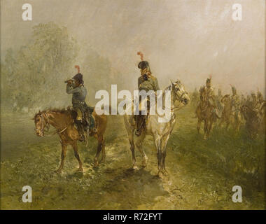 Charles Rochussen, Riders on reconnaissance, painting visual material wood oil, Landscape rectangular painting of some men dressed on horseback as hussars entitled: Riders on reconnaissance lower left signature and year: CR 74. Stock Photo