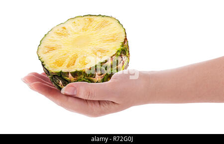 Pineapple fruit cut in half in hand isolated on white background. Clipping Path. Full depth of field. Stock Photo