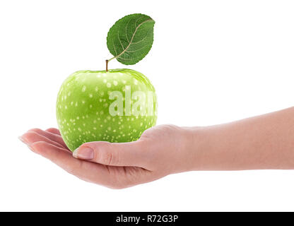 Green apple with leaf in hand isolated on white background Clipping Path Stock Photo