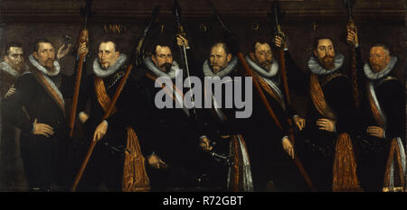 Rotterdamse portrait artist, Portrait of seven officers and the worth of the Saint George chairs in Rotterdam, portrait portrait painting painting footage linen oil painting canvas: high 145,5 w 299,5 Lying rectangular portrait of eight men representing seven officers and the saint of the Sint Jorisdoelen in Rotterdam Each officer with partizaan provided with nail fittings and brush (pet) sash iron ring collar and rapier Year top: ANNO 1604 Rotterdam City Triangle archer militia piece Jorisdoelen militia worth partizaan sponton militaria pet sash ring collar rapier targets Stock Photo