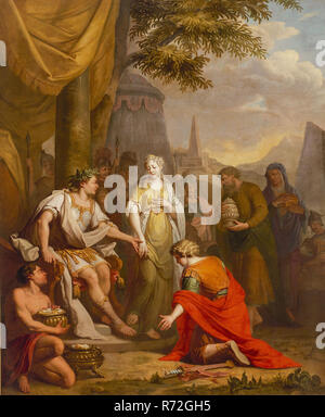 Elias van Nijmegen (Nijmegen 1667 - Rotterdam 1755), Generosity of Scipio, wallpaper painting canvas linen oil, At the conquest of Carthage Nova in Spain (210 BC), the Roman troops loot an extraordinarily beautiful young woman they offer to their army commander Scipio. In interrogation Scipio finds out that she is engaged to local warlord. He returns the woman to her fiancé together with the money that the parents of the girl had offered to buy her free. (source: Livius) history piece Roman history generosity restraint Rotterdam City Triangle Boompjes Scheepmakershaven Rederijstraat Katwijk El Stock Photo