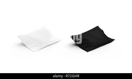 Blank black and white pillow mock up set, side view, 3d rendering. Empty head pilow mockup, isolated. Bedroom relax with cotton pillowslip template. Stock Photo