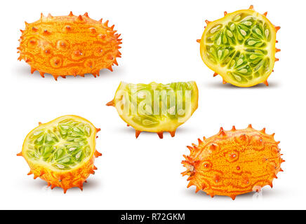 Set kiwano, horned melon, whole, slice, cut in half isolated on white background. Clipping Path. Full depth of field. Stock Photo