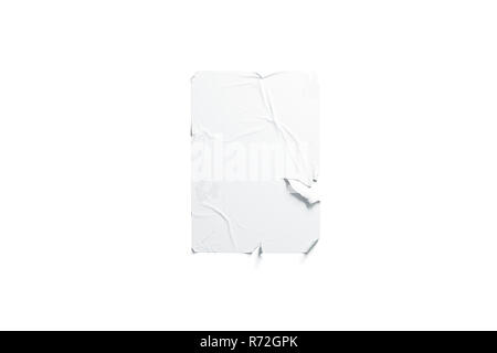 Blank white wheatpaste adhesive torn poster mockup, isolated, 3d rendering. Empty tear banner mock up. Clear grunde old sheet template. Hanging wallpaper for signage. Stock Photo