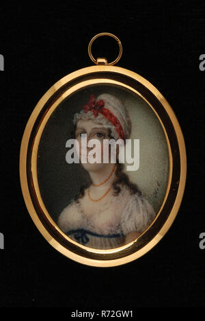 Hendrik van Overklift, Portrait miniature of woman, portrait miniature medallion painting images ivory paint watercolor ivory backing (standard size), Oval woman's portrait reverse with paper plastered front right in the background: HvO. Property Royal Antiquity Society (KOG). Stock Photo
