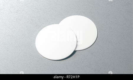 Blank white two beer coasters mockup set on surface 3d rendering