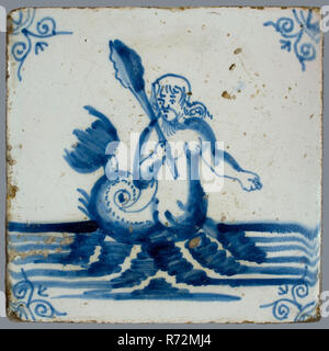 Scene tile, in tile field of eight, four high, two wide; blue, meerman with club, at sea, corner motif ox-head, tiled field wall tile tile sculpture part ceramic earthenware glaze tin glaze, baked 2x glazed painted Blue on white. Tile in tile field of eight pieces four high two wide mythology rowing Stock Photo