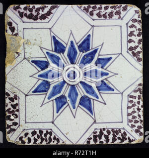 Sprinkled ornament tile, center double circle, double eight-pointed blue star, against background of two white eight-pointed stars, dotted purple corners, black outline, wall tile tile sculpture ceramic earthenware glaze, baked 2x glazed painted Stock Photo