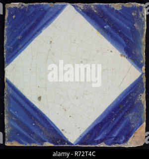 Ornament tile, white diamond, brushed blue, wall tile tile sculpture ceramic earthenware glaze, baked 2x glazed painted Red shard square four nail holes. Stock Photo
