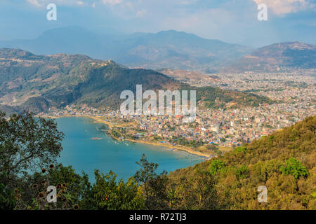 View over Pokhara and Phewa Lake from the World Peace Pagoda, Pokhara, Nepal Stock Photo