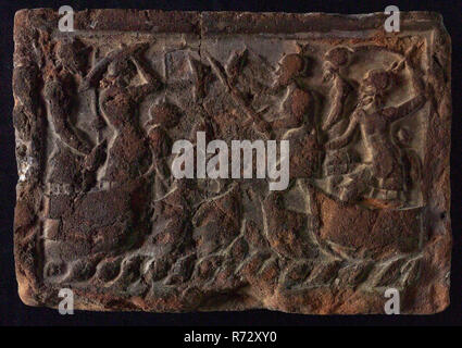Hearthstone, from Antwerp Belgium, with narrow frame, with naval battle, hearth fireplace part ceramics brick, fired Hearth of the Antwerp type with narrow list depicting naval battle in which armed and hardened men fight each other building history heat war Stock Photo