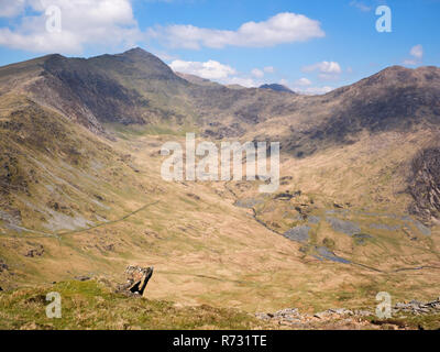 Snowdon viewed from Yr Aran, showing the south ridge (Allt Maenderyn) and neighbouring peak Y Lliwedd around Cwm Tregalan and Cwm Llan Stock Photo