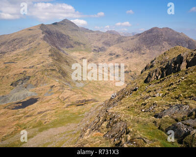 Snowdon viewed from Yr Aran, showing the south ridge (Allt Maenderyn) and neighbouring peak Y Lliwedd around Cwm Tregalan and Cwm Llan Stock Photo