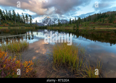 Mount Shuksan is a prominent mountain in the Pacific Northwest in the Mount Baker Wilderness Stock Photo