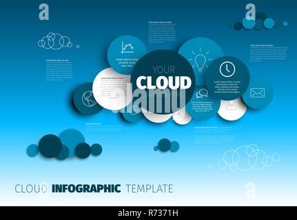 Vector Infographic report template made from circles and icons cloud shape - blue version Stock Vector