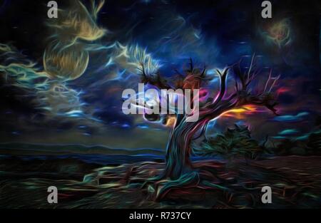 Surreal painting. Old tree, full moon and mystic clouds in the sky. Stock Photo