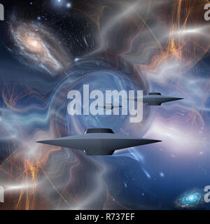 Surreal digital art. Flying saucers in warped space. Stock Photo