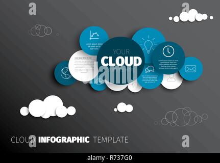 Vector Infographic report template made from circles and icons cloud shape - dark version Stock Vector
