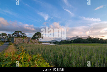 McCarthy Mor Irish castle ruins at Lough Leane on the Ring of Kerry in Killarney Ireland Stock Photo