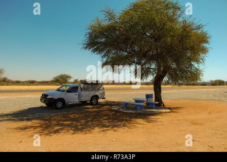 Solitary acacia tree in the middle of the african savannah with a roof tent 4x4 off-road veichle in the shadow and a pic nic area in the Kalahari, in  Stock Photo