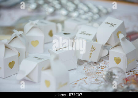 Boxes of confetti at wedding Stock Photo