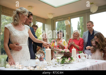 Newlyweds cutting wedding cake at reception Stock Photo