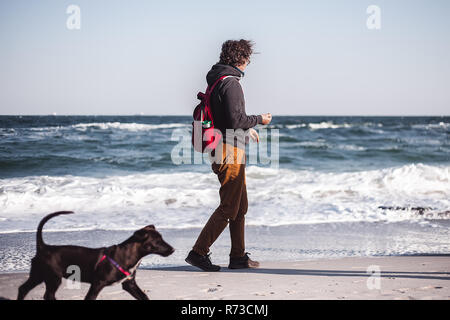Mid adult man walking his dog along beach, Odessa, Odeska Oblast, Ukraine Stock Photo