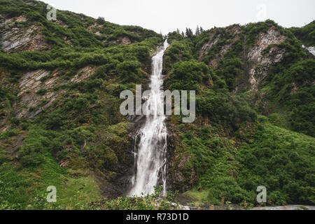 View of Horsetail Falls in Valdez Alaska in the Keystone Canyon Stock Photo