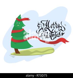 Vector Christmas tree with smile riding on a surfboard Stock Vector