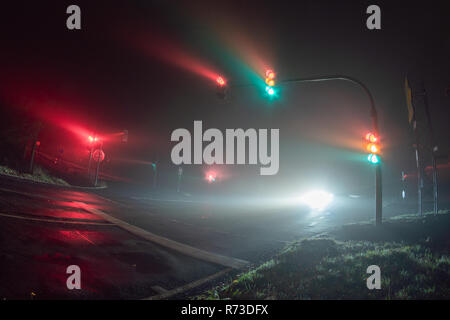 Traffic lights in a foggy night Stock Photo