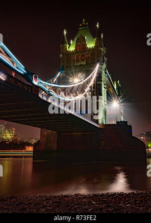 Tower Bridge London, Taken at night from South Bank shore of the Thames. Stock Photo