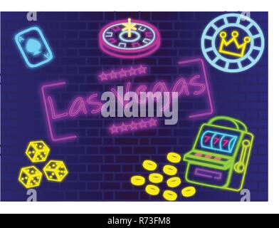 Las Vegas magenta lettering. Vector with  casino icons on  blue wall background. Stock Vector