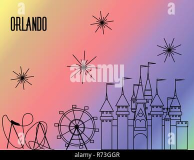 Orlando Atractions black line on rainbow colorful background Stock Vector