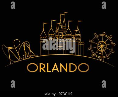 Orlando Atractions gold curve line on black background. Vacations Card Stock Vector