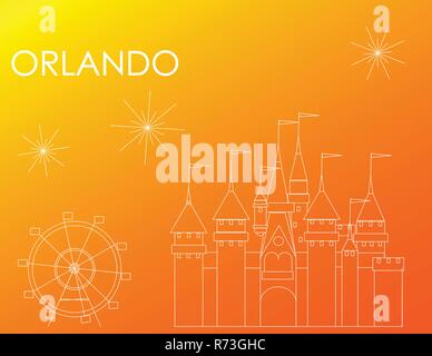 Orlando Atractions white line on orange background ; Line Art Stock Vector