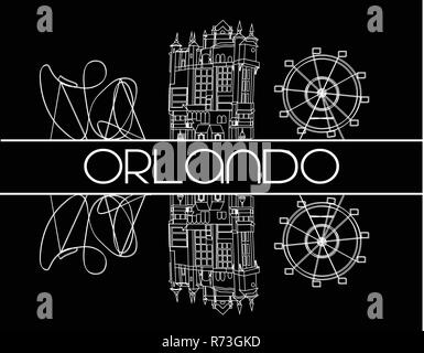 Orlando, Florida; August 03, 2018. Attractions Icons white line on black background Stock Vector