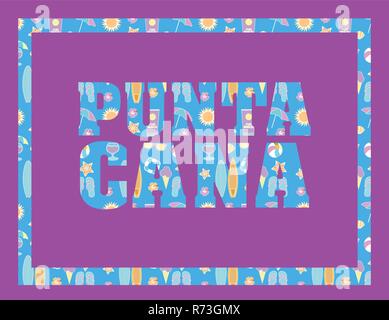 Punta Cana lettering on fuchsia backround. Vector tropical letters with colorful beach icons on light blue backround Stock Vector